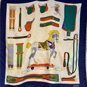 Gucci Silk Scarf with Carousel Horse in Navy, Green & Orange